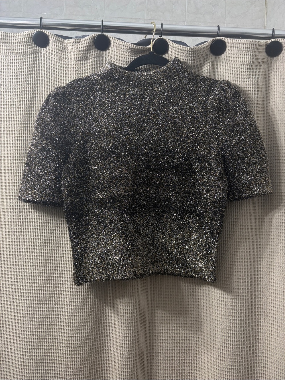 kate spade Metallic Knit Short-Sleeve Crop Top in Black and Gold nwot